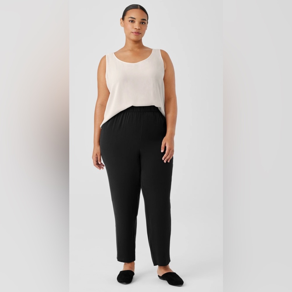 Eileen Fisher Silk Georgette Crepe Tapered Pant Easy Fit , Ankle Length Black,XL